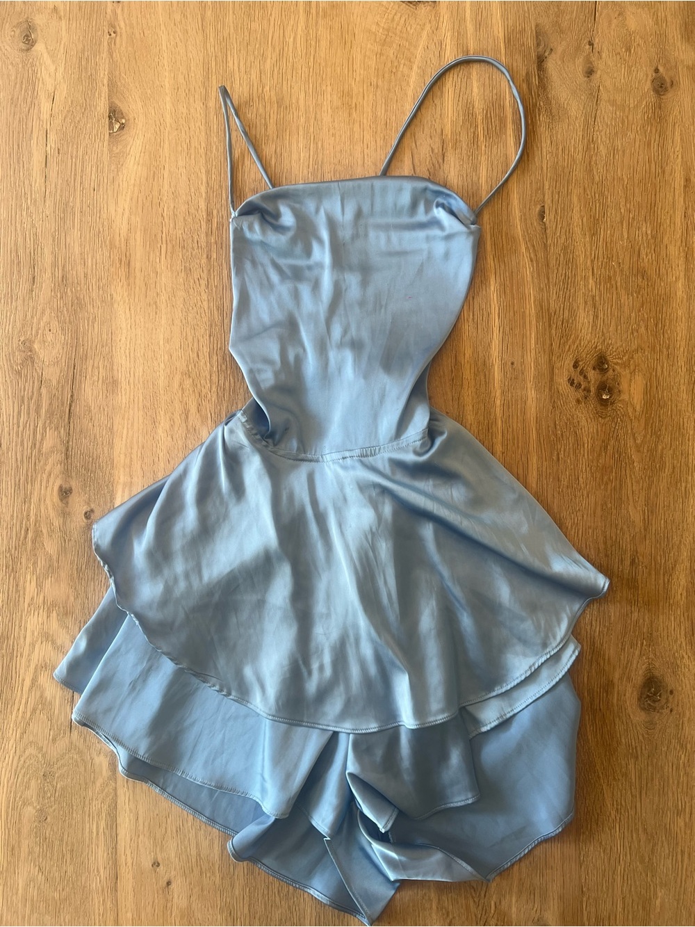 SHEIN Dusty Blue Satin Lace-Up Back Tiered Ruffle Dress Size S